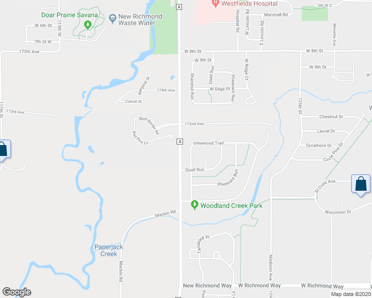 map of restaurants, bars, coffee shops, grocery stores, and more near 1263 Pinewood Trail in New Richmond