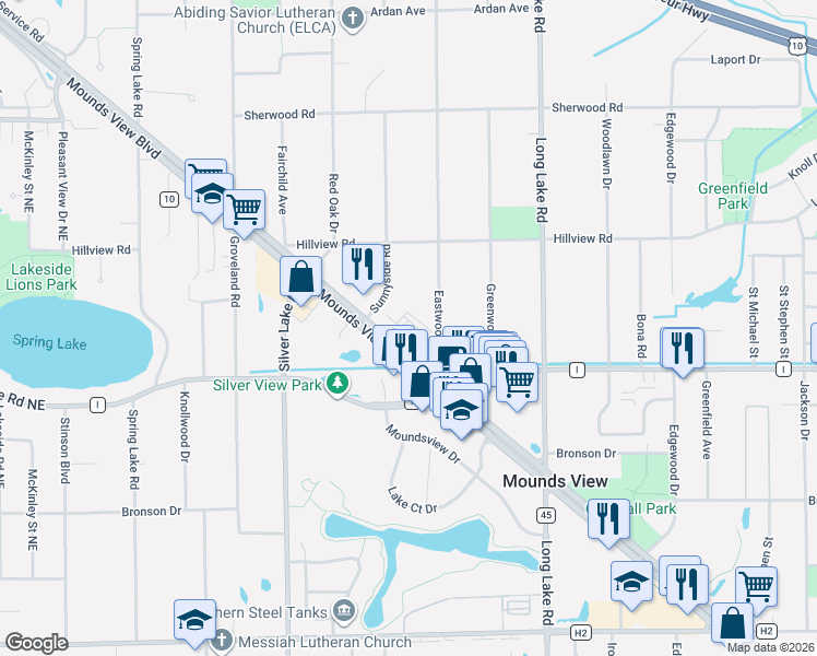 map of restaurants, bars, coffee shops, grocery stores, and more near 2665 Mounds View Boulevard in Mounds View