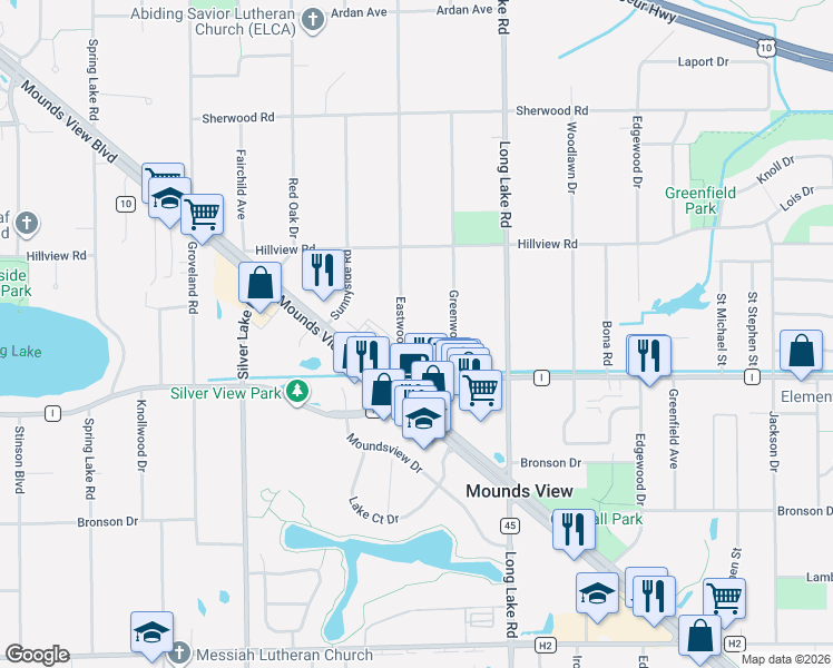 map of restaurants, bars, coffee shops, grocery stores, and more near 7801 Eastwood Road in Mounds View