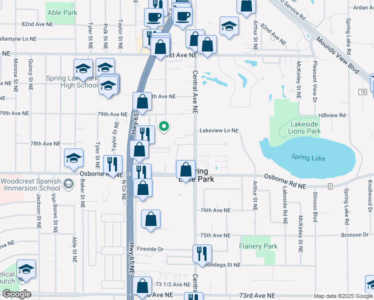 map of restaurants, bars, coffee shops, grocery stores, and more near 7740 Central Avenue Northeast in Minneapolis