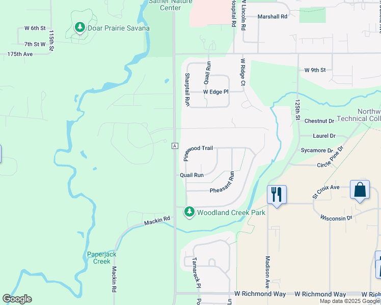 map of restaurants, bars, coffee shops, grocery stores, and more near 1263 Pinewood Trail in New Richmond
