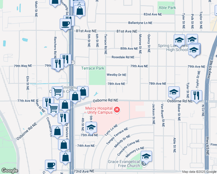 map of restaurants, bars, coffee shops, grocery stores, and more near 520 78th Avenue Northeast in Minneapolis