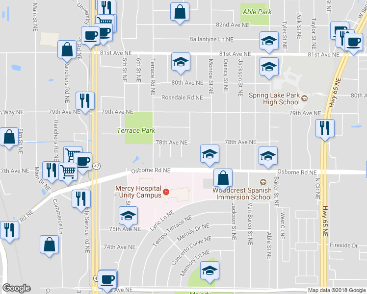 map of restaurants, bars, coffee shops, grocery stores, and more near 580 78th Avenue Northeast in Minneapolis