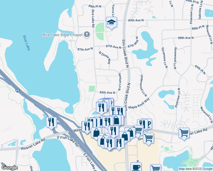 map of restaurants, bars, coffee shops, grocery stores, and more near 13859 85th Place North in Maple Grove