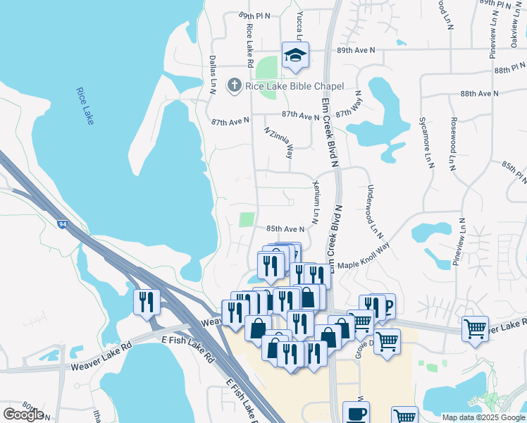 map of restaurants, bars, coffee shops, grocery stores, and more near 13899 85th Place North in Maple Grove