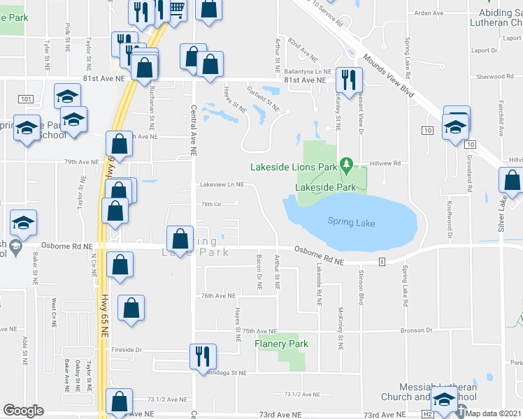 map of restaurants, bars, coffee shops, grocery stores, and more near 7717 Lakeview Lane Northeast in Minneapolis