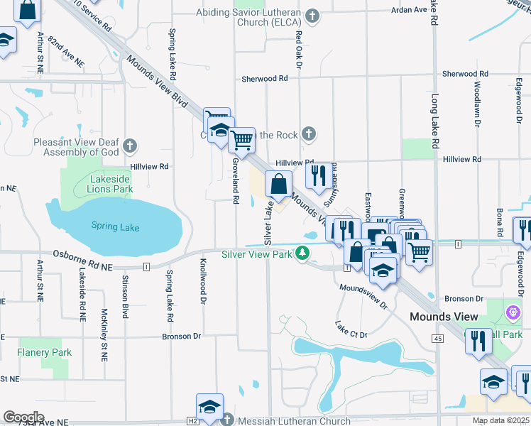 map of restaurants, bars, coffee shops, grocery stores, and more near 7746 Silver Lake Road in Saint Paul