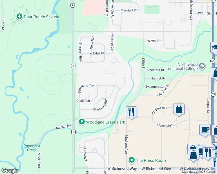 map of restaurants, bars, coffee shops, grocery stores, and more near 1230 Pheasant Run in New Richmond