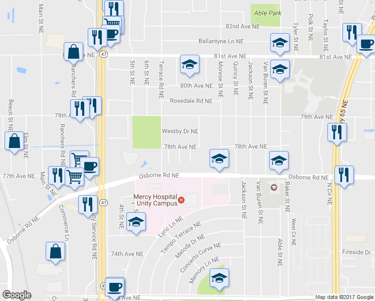 map of restaurants, bars, coffee shops, grocery stores, and more near 580 78th Avenue Northeast in Minneapolis