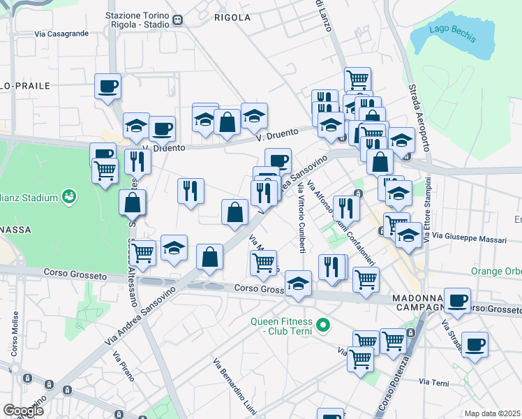 map of restaurants, bars, coffee shops, grocery stores, and more near 239 Via Andrea Sansovino in Torino
