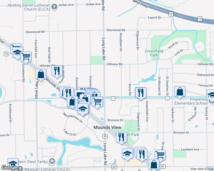 map of restaurants, bars, coffee shops, grocery stores, and more near 7777 Long Lake Road in Mounds View