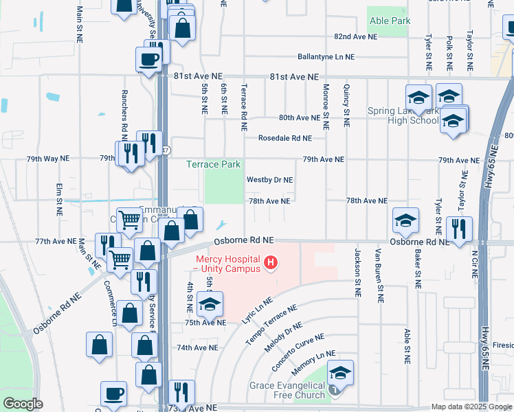 map of restaurants, bars, coffee shops, grocery stores, and more near 520 78th Avenue Northeast in Minneapolis