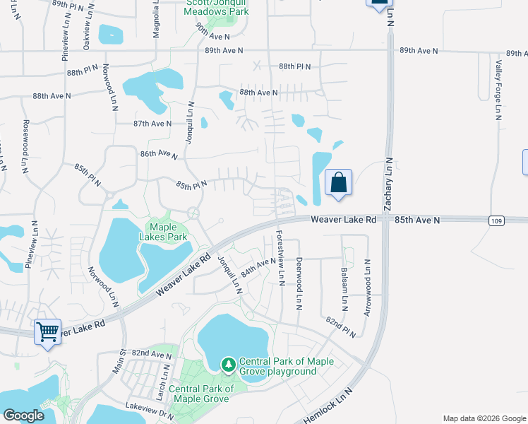 map of restaurants, bars, coffee shops, grocery stores, and more near 8467 Forestview Lane North in Maple Grove
