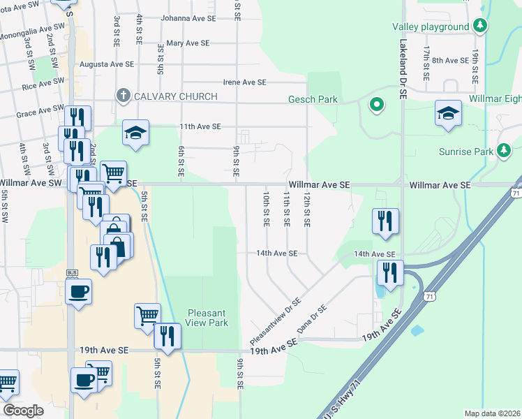 map of restaurants, bars, coffee shops, grocery stores, and more near 1212 10th Street Southeast in Willmar