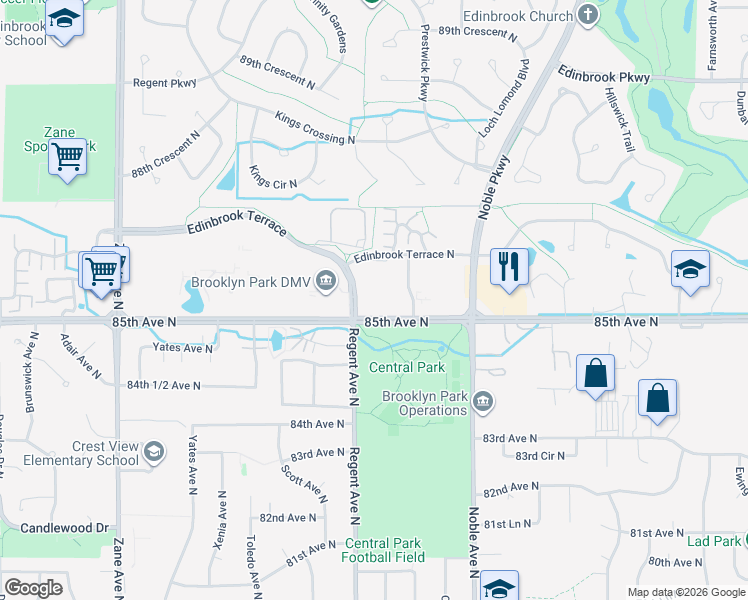 map of restaurants, bars, coffee shops, grocery stores, and more near 8500 Regent Avenue North in Brooklyn Park
