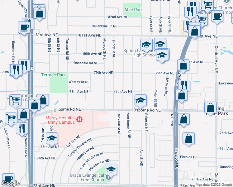 map of restaurants, bars, coffee shops, grocery stores, and more near 7775 Quincy Street Northeast in Minneapolis
