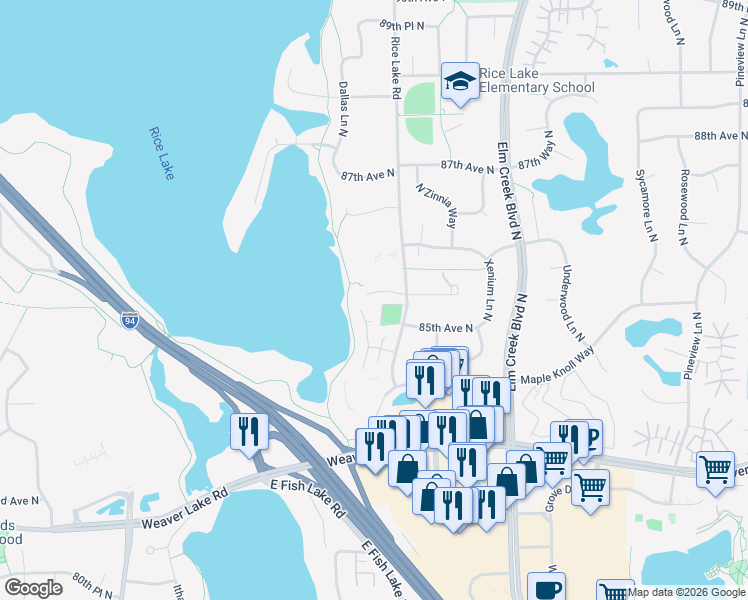map of restaurants, bars, coffee shops, grocery stores, and more near 14053 85th Place North in Maple Grove