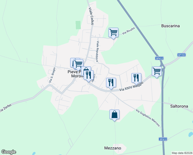 map of restaurants, bars, coffee shops, grocery stores, and more near 117 Via Trento in Pieve Porto Morone