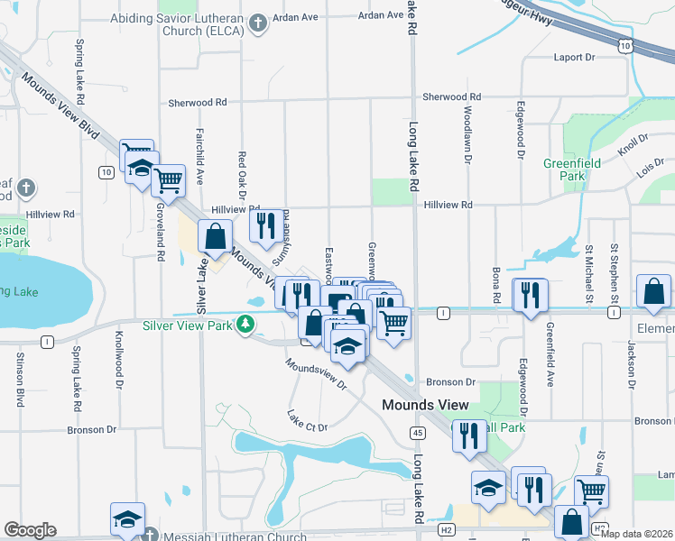 map of restaurants, bars, coffee shops, grocery stores, and more near 7801 Eastwood Road in Mounds View