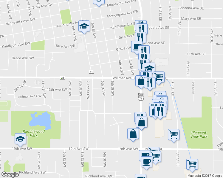 map of restaurants, bars, coffee shops, grocery stores, and more near 510 13th Avenue Southwest in Willmar