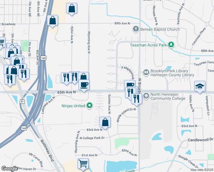 map of restaurants, bars, coffee shops, grocery stores, and more near 8509 Maplebrook Parkway North in Minneapolis