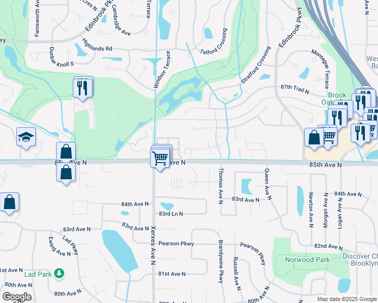 map of restaurants, bars, coffee shops, grocery stores, and more near 8573 Telford Lane in Brooklyn Park