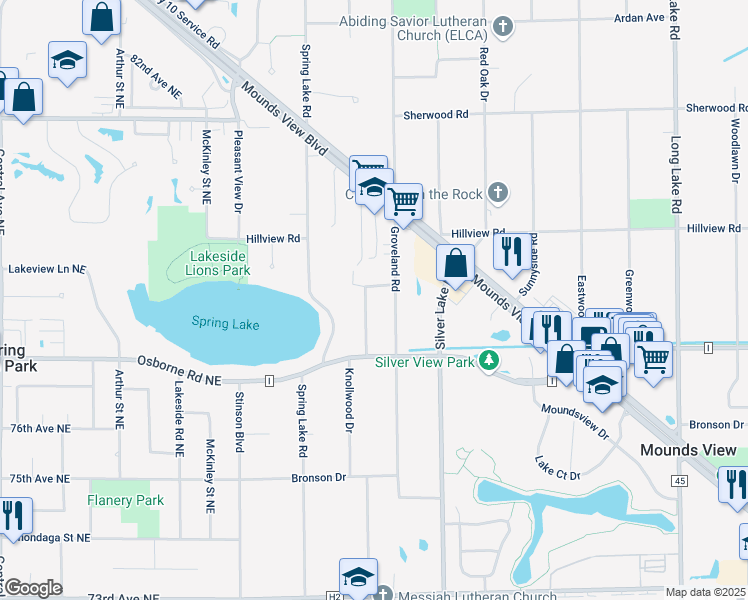 map of restaurants, bars, coffee shops, grocery stores, and more near 7769 Knollwood Drive in Mounds View