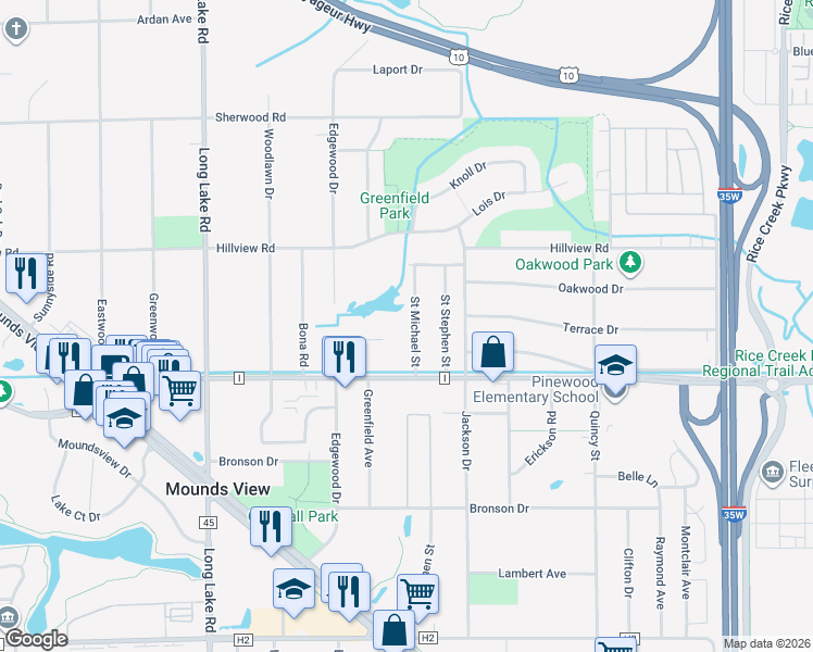 map of restaurants, bars, coffee shops, grocery stores, and more near 5551 Saint Michael Street in Mounds View