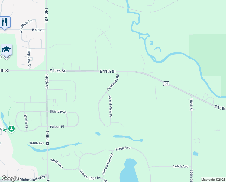 map of restaurants, bars, coffee shops, grocery stores, and more near 1170 Peninsula Road in New Richmond