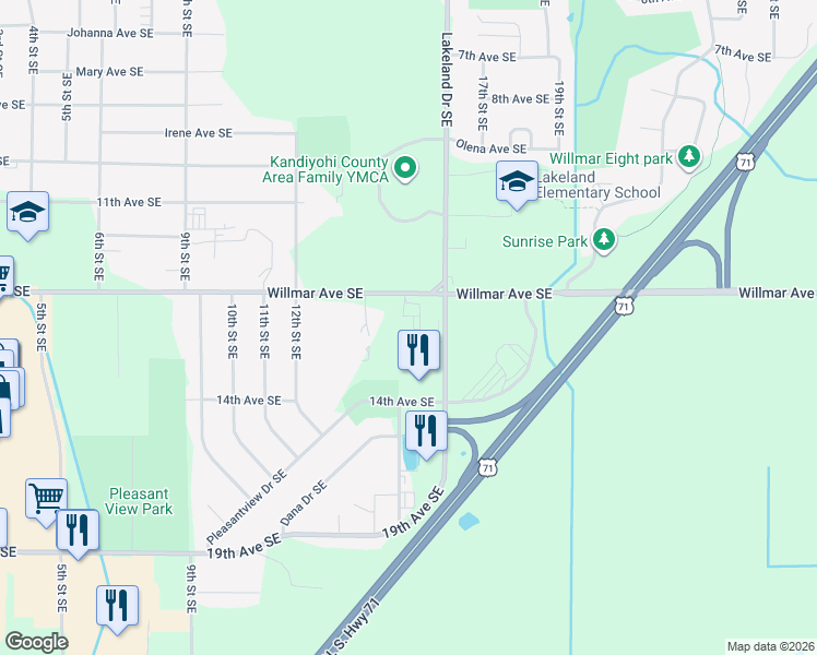map of restaurants, bars, coffee shops, grocery stores, and more near in Willmar