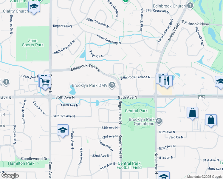 map of restaurants, bars, coffee shops, grocery stores, and more near 5200 85th Avenue North in Brooklyn Park