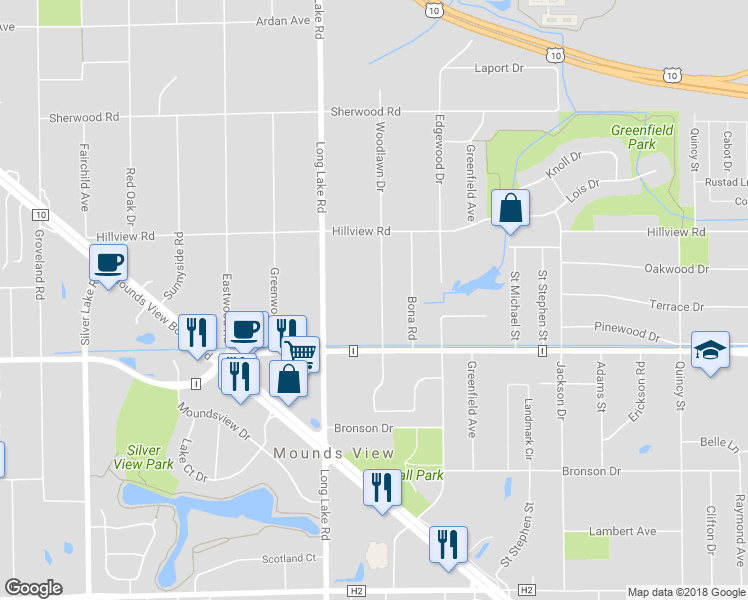 map of restaurants, bars, coffee shops, grocery stores, and more near 7778 Woodlawn Drive in Mounds View