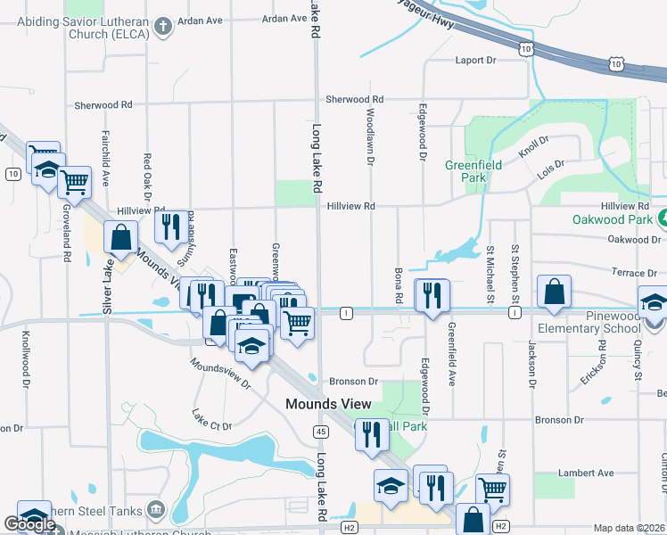 map of restaurants, bars, coffee shops, grocery stores, and more near 7777 Long Lake Road in Mounds View