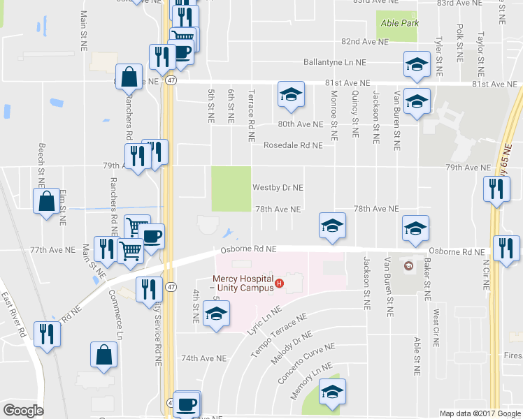 map of restaurants, bars, coffee shops, grocery stores, and more near 666 78th Avenue Northeast in Spring Lake Park