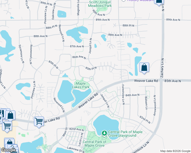 map of restaurants, bars, coffee shops, grocery stores, and more near 8500 Jonquil Lane North in Maple Grove
