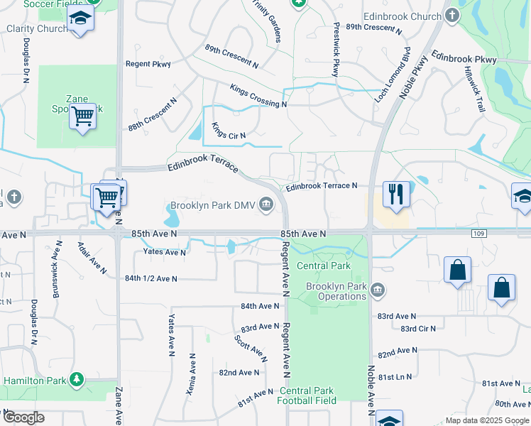 map of restaurants, bars, coffee shops, grocery stores, and more near 5200 85th Avenue North in Brooklyn Park