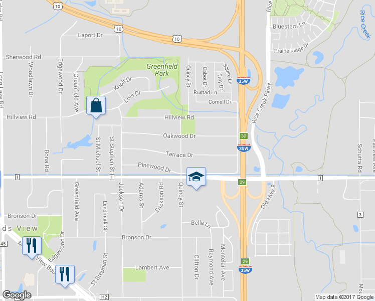 map of restaurants, bars, coffee shops, grocery stores, and more near 2167 Terrace Drive in Mounds View