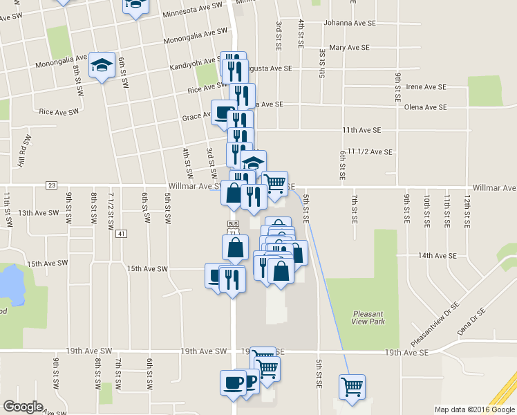 map of restaurants, bars, coffee shops, grocery stores, and more near 1303 1st Street South in Willmar