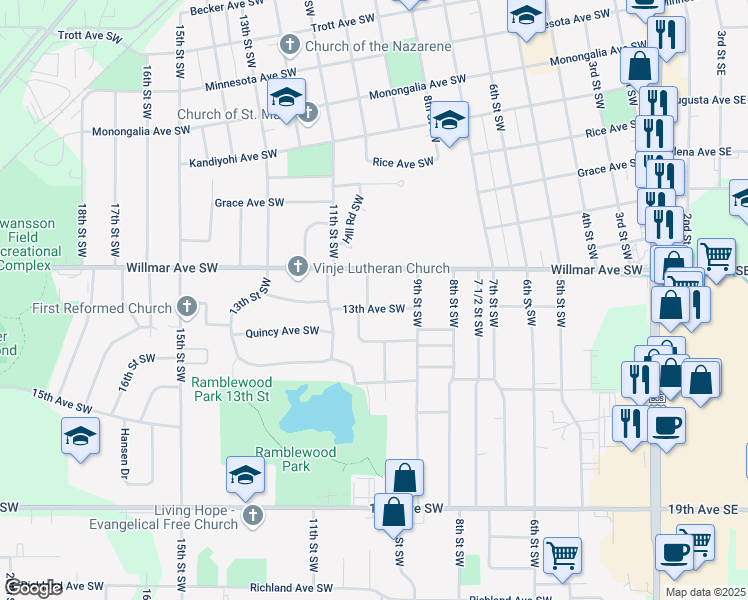 map of restaurants, bars, coffee shops, grocery stores, and more near 920 13th Avenue Southwest in Willmar