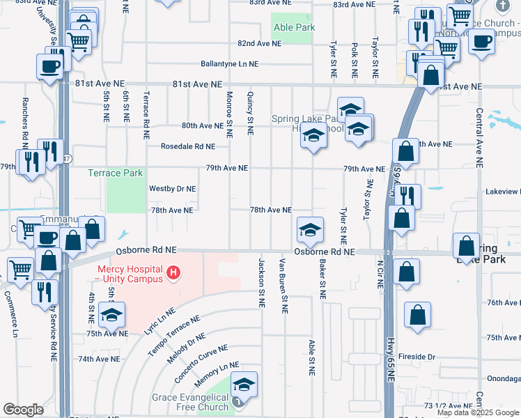 map of restaurants, bars, coffee shops, grocery stores, and more near 7775 Quincy Street Northeast in Minneapolis