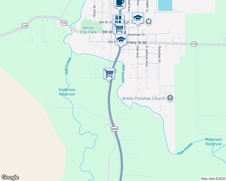 map of restaurants, bars, coffee shops, grocery stores, and more near 20803 Oregon 99W in Amity