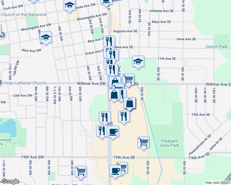 map of restaurants, bars, coffee shops, grocery stores, and more near 1303 1st Street South in Willmar