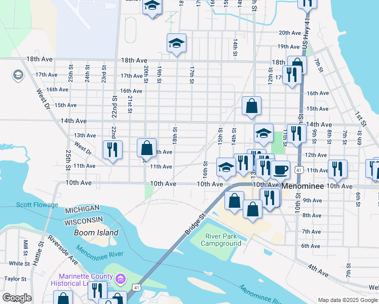 map of restaurants, bars, coffee shops, grocery stores, and more near 1699 12th Ave in Menominee