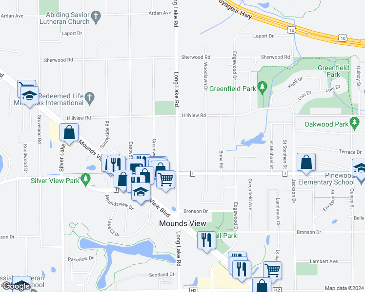 map of restaurants, bars, coffee shops, grocery stores, and more near 7797 Long Lake Road in Mounds View