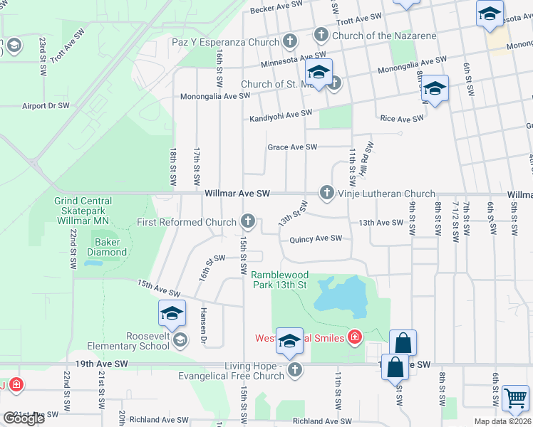map of restaurants, bars, coffee shops, grocery stores, and more near 1248 13th Street Southwest in Willmar
