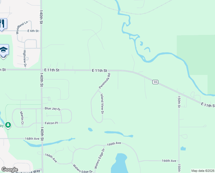 map of restaurants, bars, coffee shops, grocery stores, and more near 1170 Peninsula Road in New Richmond