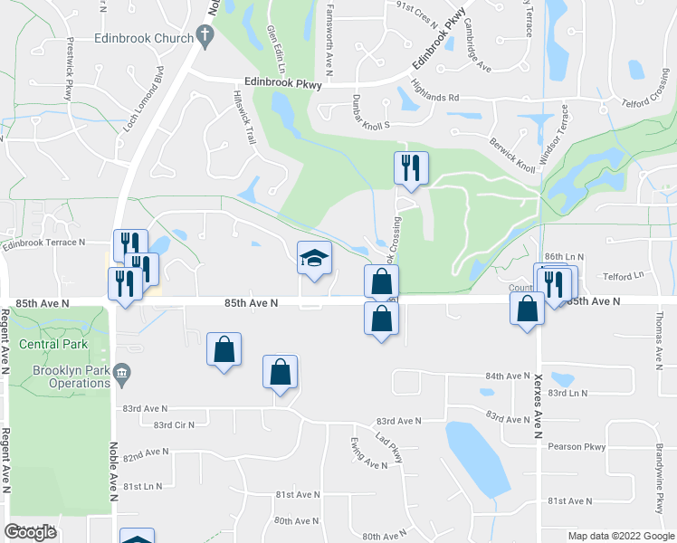 map of restaurants, bars, coffee shops, grocery stores, and more near 3800 85th Avenue North in Minneapolis
