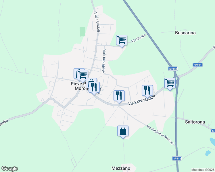 map of restaurants, bars, coffee shops, grocery stores, and more near 117 Via Trento in Pieve Porto Morone