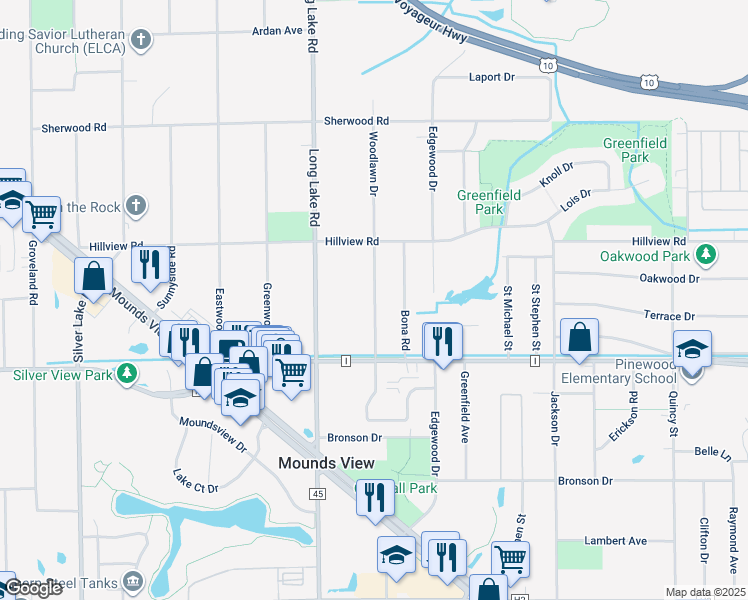 map of restaurants, bars, coffee shops, grocery stores, and more near 7778 Woodlawn Drive in Mounds View