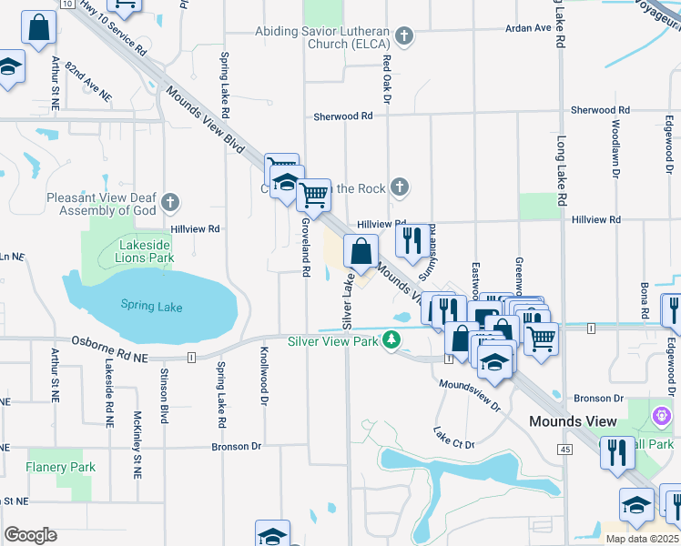 map of restaurants, bars, coffee shops, grocery stores, and more near 7746 Silver Lake Road in Saint Paul